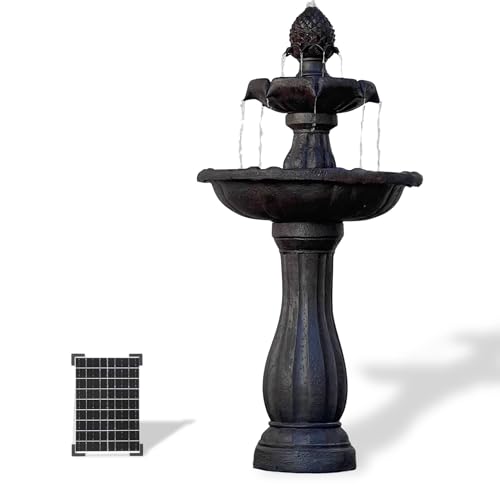 Image of XBrand 44 inch H Dark Brown Fiberglass /Resin 2-Tier Solar Water Fountain w /Solar Panel and Auto-Shut Off Pump, Solar Garden Fountain, Tall Outdoor Fountain, Two Tiered Birdbath Fountain
