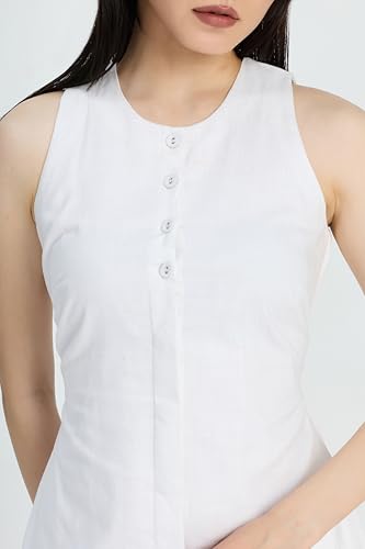 Image of Women's White Midi Dress | Sleeveless Round Neck, A-Line, Side Pockets, Office Wear Dress