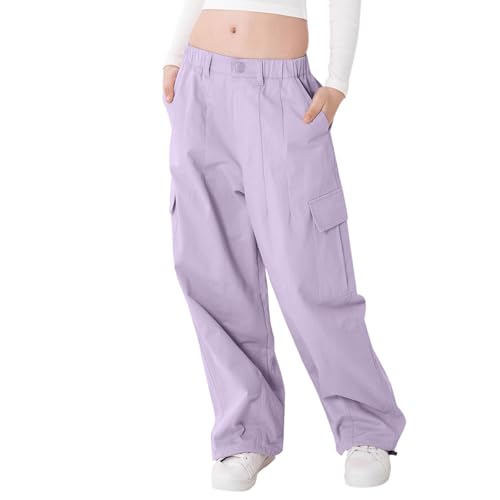 Image of Rolanko Girls Cargo Pants Wide Leg Streetwear Kids Pants with Pockets Trendy Jogger Trousers 4-14 Years