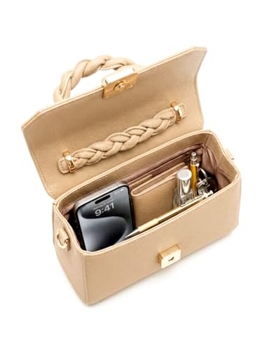 Image of Women's Sling Handbag with Braided Top Handle, Beige Leather, Adjustable Strap, Gold Hardware, Medium Size