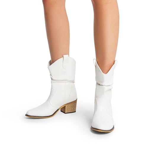 DREAM PAIRS Women's Modern Western Cowboy Boots, Mid Calf Round toe Chunky Heel Cowgirl Country Ankle Boots with Pull On Tabs,Size 8.5,White,SDMB2408W