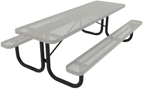 COATEDOUTDOORFURNITURE Heavy-Duty Portable Outdoor Picnic Table, Thermoplastic Coated Punched Steel Commercial-Grade Patio Dining Furniture Made in America (8ft Rectangular, Grey)