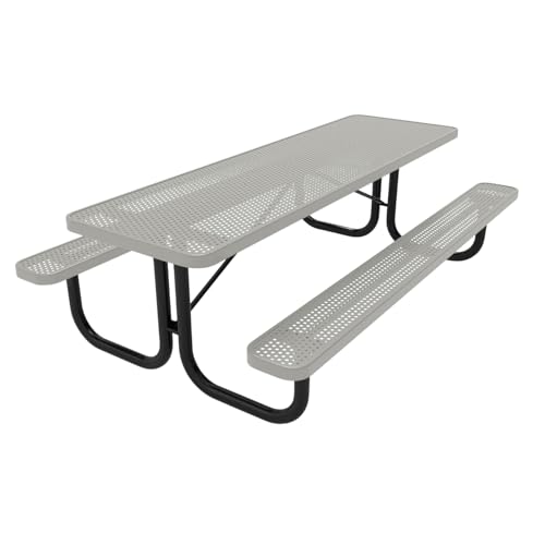 COATEDOUTDOORFURNITURE Heavy-Duty Portable Outdoor Picnic Table, Thermoplastic Coated Punched Steel Commercial-Grade Patio Dining Furniture Made in America (8ft Rectangular, Grey)