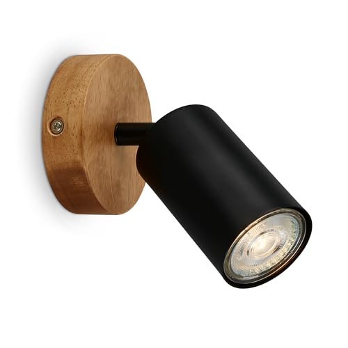 B.K.Licht - Aplique de Pared Interior con Base de Madera, Lampara de Techo, 1 Foco LED Interior, Orientable, GU10 máx. 9W, Lámpara de Cabecera, Lámpara de Salón, Lámpara de Pared, 9x8,5 cm, Negro