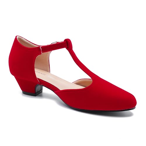 Image of MAIERNISI JESSI Women's T-Strap Mary Jane Pumps, Low Block Heel, Closed Toe, Buckle Ankle Strap