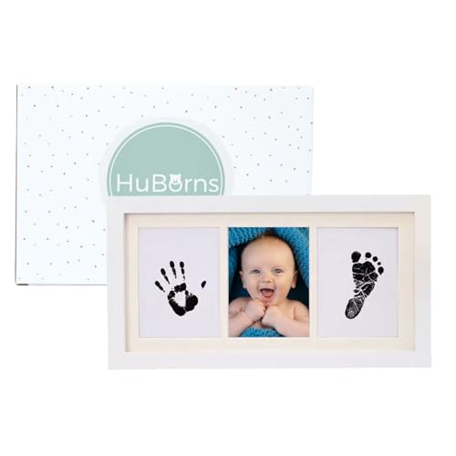 HuBorns – Marco huellas bebé recién nacido con tinta, kit completo para huella pie y mano, cuadro recuerdo original, regalo bebé niño o niña y decoración habitación infantil