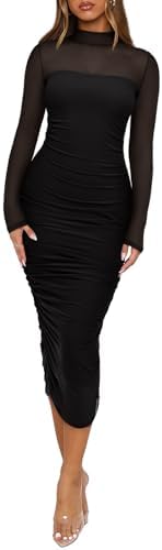 REORIA Women's Fall Mesh Sheer Long Sleeve Midi Ruched Bodycon Dr...