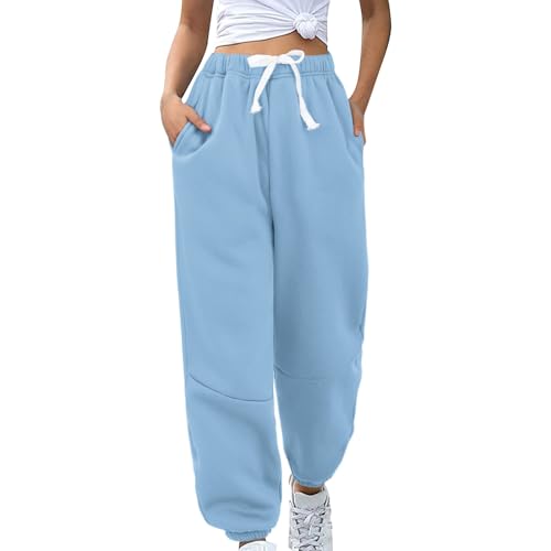 Pantalon de jogging femme bleu ciel doublé XL : la chaleur d'une taille haute avec cordon