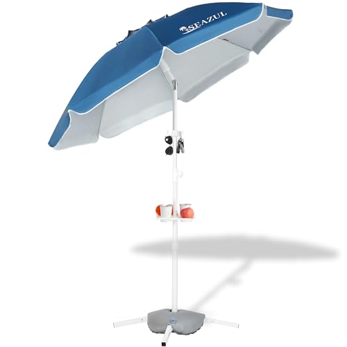 Seazul 6.5ft Sun Shade Umbrella, Portable Umbrella with Stand for Sports, Water Weight Bag, Adjustable and Lightweight, Sun Protection, Blue