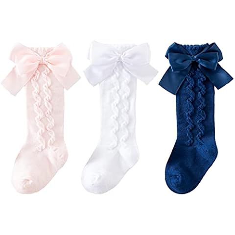 TIBE PINCESS Baby Girls Knee High Tube Socks for Toddler Bowknot Wave Ribbed Socks Uniform Leggings 3 Colors Size 6-12 Months Cover