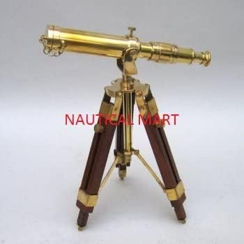 Vintage Nautical Single Barrel 16' Floor Standing Brass Telescope with Adjustable Tripod Wooden Stand