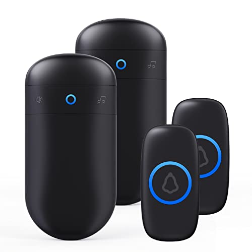 Wireless Doorbell, Waterproof Battery Operated DoorBell 1000 Foot Long Range with 5 Volume Levels 52 Chimes Doorbells LED Light Easy Install for Home with 2 Receivers and 2 Push Button-Black