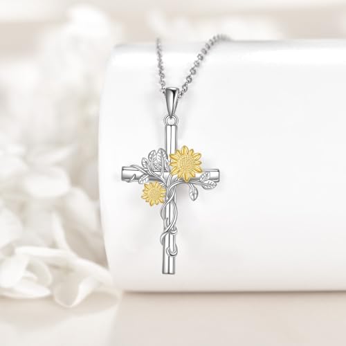 POPLYKE Sunflower/Ladybug/Bee/Dragonfly/Turtle Cross Necklace for Women 925 Sterling Silver Ststhoscope Cross Necklace Pendant Jewelry for Women4