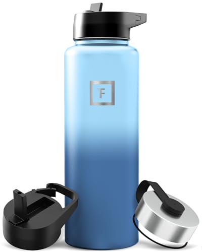 Image of IRON FLASK Camping & Hiking Hydration Flask with Straw, Wide Mouth Insulated Stainless Steel Sports Water Bottle - 40 oz Blue Waves