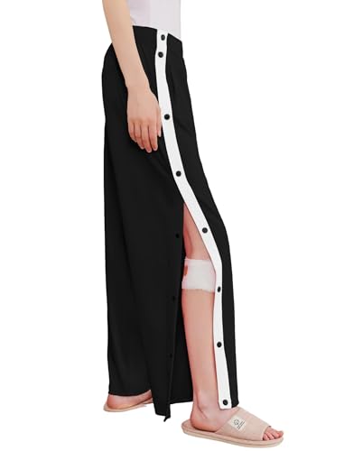 Deyeek Womens Tear Away Pants Side Split Snap Open Bottom Sweatpants Leg Breakaway Post Surgery Pants with Pockets Black