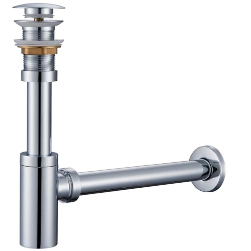 Ulytid Siphon avec Robinet de Vidange, Sans Trop-Plein, Robinet de Vidange à Clapet, Universel Pour évier et Lavabo, Désodorisant avec Orifice de Nettoyage, Acier Inoxydable Réglable en Hauteur, Chrom