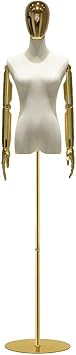Female Dress Form with arms Linen Mannequin Body Height 53.1-78.7 Adjustable with Round Base Detachable Dress Form for Shows Jewelry Display Color Electroplated Hand, Size S/Small