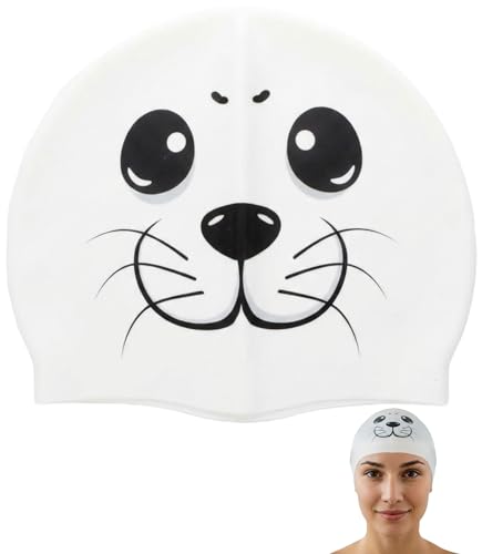 SWIMXWIN Gorro Natacion Silicona OttyArtLuxuria Foca Blanca Disenos Divertidos para Mujer Ninas Piscina Entrenamiento Competicion Aquagym Regalo Cursillo Escuela Club Accesorios Clases Juniors