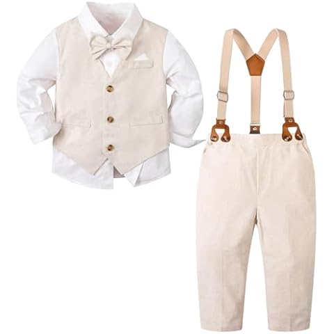SANGTREE Boys' 5 Piece Suits, Casual Linen Suit Vest and Pant with Shirt, Bow Tie and Suspenders for Beach Wedding, Linen Khaki, 3-4T = Tag 120 Cover