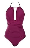 B2prity Damen Badeanzug Retro Tief V Ausschnitt Rückenfrei Neckholder Bauchweg Monokini Bademode (Weinrot, XL (EU 40-42))