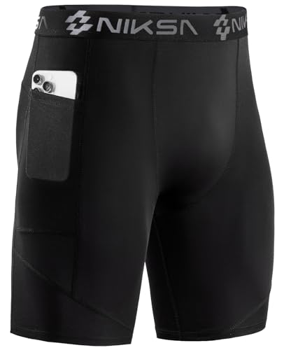 Image of Niksa 1 /2 Pack Mens Compression Shorts with Pocket, Performance Spandex Athletic Sports Workout Running Underwear Shorts