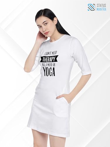 Image of STATUS MANTRA Women's Long T-Shirt Dress - Cotton Casual Knee Length Dress with 3 /4 Sleeves | Soft Bio-Washed Fabric, Crew Neck, Relaxed Fit | Comfy Summer Lounge Wear