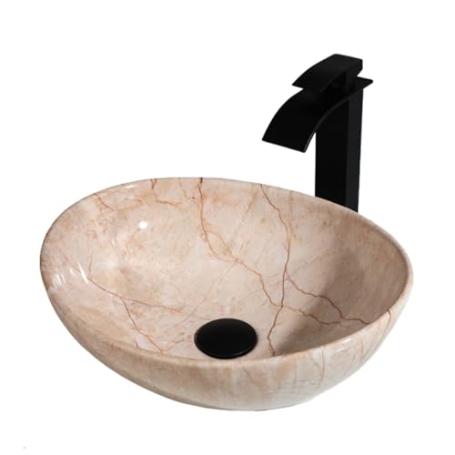 HM HomeMieco Oval Marbling Vessel Sink with Waterfall Faucet and Pop-up Drain Ceramic Bathroom Sink Above Counter Bowl Sinks for Bathrooms by HM HomeMieco - Used condition - Image 7