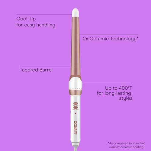 Conair Double Ceramic Tapered Curling Wand, Hair Wand Tapers 1¼ Inch to ¾ Inch to Produce Beachy Waves, 30 Heat Settings, For All Hair Types and Textures, White by Conair - Image 2