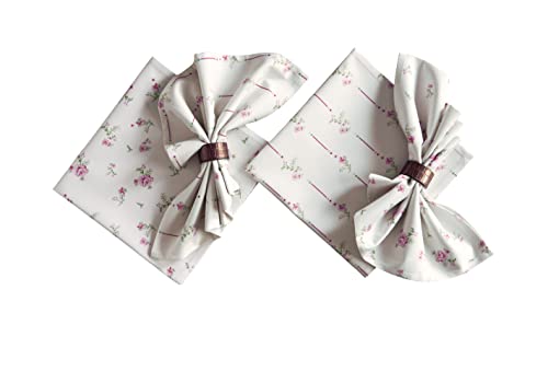 Solino Home Print Cotton Napkins 20 X 20 Inch – 100% Cotton Cloth Dinner Napkins Set Of 4 – Rose Calico And Rose Stripe Napkins For Summer, Wedding – Primrose Garden Machine Washable #TOP23