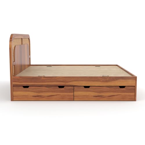 Image of Sheesham Wood Cane Bed with Drawer Storage for Bedroom | Queen Size Wooden Double Bed Palang with Curved Rattan Headboard & Footboard (Honey Finish)