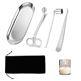 Ksvaye 4 in 1 Candle Wick Trimmer Set, Stainless Steel Candle Care Kit with Candle Dipper,Wick Trimmer, Snuffer& Storage Tray Plate - Silver,4pc Candle Accessory Set for Home Decor