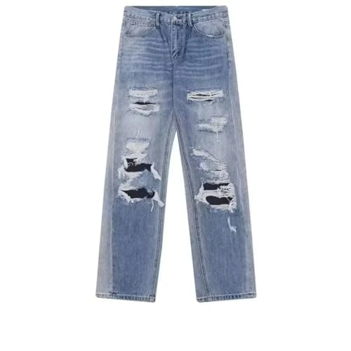 Men’S High Street Trendy Hole Worn Loose Fit Straight Denim Pants Button Fly Midweight Distressed Full Length Jeans4