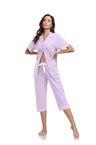 Image of COLORFULLEAF 100% Cotton Capri Pajama for Women Set Summer Short Sleeve Pj Sets for Women Cotton Sleepwear