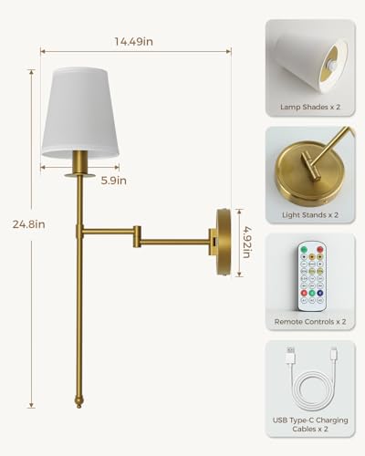 Image of Joosenhouse Battery Operated Wall Sconces (Set of 2), Wireless Dimmable Wall Lights, 9 RGB Color Options, 24.8-inch Brass Indoor Wall Lamps, for Decorating bedrooms, Living Rooms, and hallways