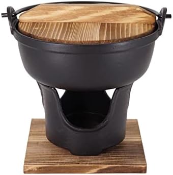 TRUMDAKE 7" Cast Iron Japanese Sukiyaki Pot - Hot Pot, Cheese Fondue, Camping Cooking - Individual or Couple's Size - Nabe Shabu Pot, BBQ, Alcohol Stove, Wooden Lid - Ideal for High-End Restaurants