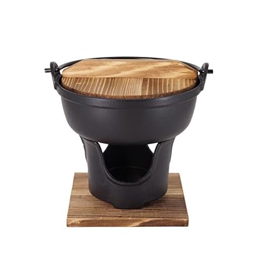 TRUMDAKE 7" Cast Iron Japanese Sukiyaki Pot - Hot Pot, Cheese Fondue, Camping Cooking - Individual or Couple's Size - Nabe Shabu Pot, BBQ, Alcohol Stove, Wooden Lid - Ideal for High-End Restaurants