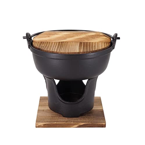 TRUMDAKE 7" Cast Iron Japanese Sukiyaki Hot Pot, Cheese Fondue, Camping Cooking - Individual or Couple's Size - Nabe Shabu nabemono Pot, Alcohol Stove, Wooden Lid - Ideal for High-End Restaurants by TRUMDAKE - Used condition - US$26.63