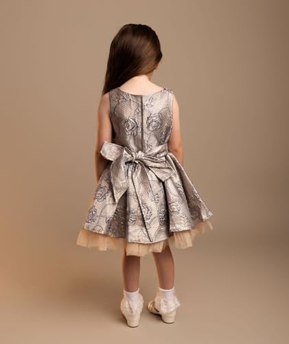 Vestido con escote alto y bajo para niña en tul y jacquard floral azul 3
