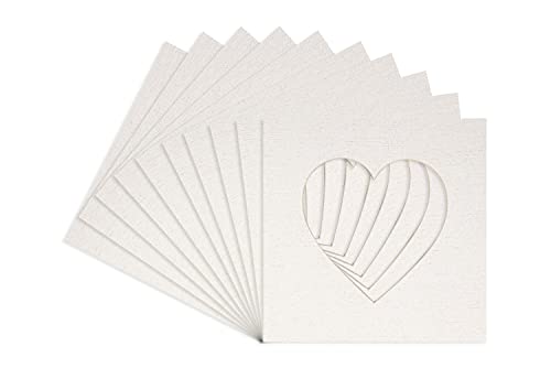White Linen Canvas Acid Free 8x8 Heart Picture Frame Mat with White Core Bevel Cut for 4x4 Pictures - Fits 8x8 Frame - Pack of 10 Matboard Show Kits With Acid Free Backings & Clear Bags