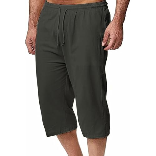 Cambkatl Men's Cotton Linen Capris Casual Summer Lounge Pants Lightweight Drawstring Elastic Waist Beach Pants with Pockets4