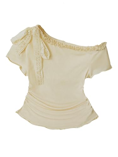 Verdusa Women's Bow Lace Ruched Ruffle Off The Shoulder Short Sleeve Asymmetrical Fitted T Shirts