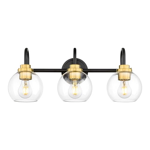 Image of Bathroom Light Fixtures, 3-Light Black and Gold Vanity Lights with Globe Clear Glass, Modern Vanity Lighting Fixtures Over Mirror, AD-22280-3W-KG