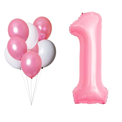 LAC Palloncino Numero 1 Rosa Pastello – Kit Decorazioni Compleanno 1 Anno – 8 Pz Palloncini Rosa e Bianchi in Lattice – Decorazioni Festa Compleanno Bimba 1 Anno – Gonfiabili con Aria o Elio