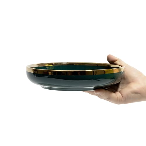 Image of Beyond Homes Ceramic Bowl Set of 2 | 20 cm Deep Serving Bowls | Microwave & Dishwasher Safe Glossy Ceramic Bowls for Pasta Ramen Soup Noodles & Salad | 650 ml Each, Teal Gold