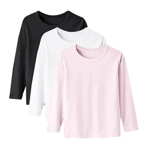3 camisas de manga larga para niñas, de algodón suave, cuello redondo, cómodas y transpirables, de manga larga, casuales y versátiles, camisetas de color sólido (A, 3-4 años)