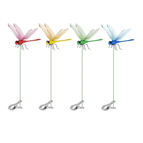 4 Pack Dragonfly Clip 3D Small Fake Dragon Fly Clips Garden Stakes Decor Dragonflies Decoration for Clothes Hats Pets and Deer Horse Bird and Fly Scare Devices Indoor Outdoor