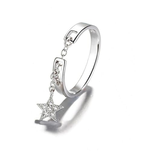 CZ Star Moon Chain Promise Statement Ring for Women Silver Gold Plated Dainty Crystal Starless Crescent Tassel Dangle Drop Open Wrap Finger Rings Adjustable Comfort Fit Fashion Wedding Jewelry
