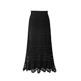 Long Knitting Skirts for Women Elastic Waist Floral Hem Crochet Outwear Street Dress M,Black