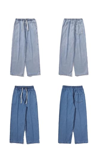 Hndudnff Men Wide-Leg Jeans Drawstring Elastic Waist Street Pants Casual Loose Straight Denim Trousers2