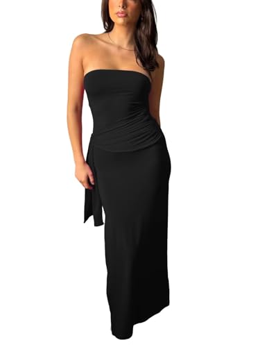 Womens Strapless Bodycon Maxi Tube Dress Side Slit Lace Up Y2k Long Dress